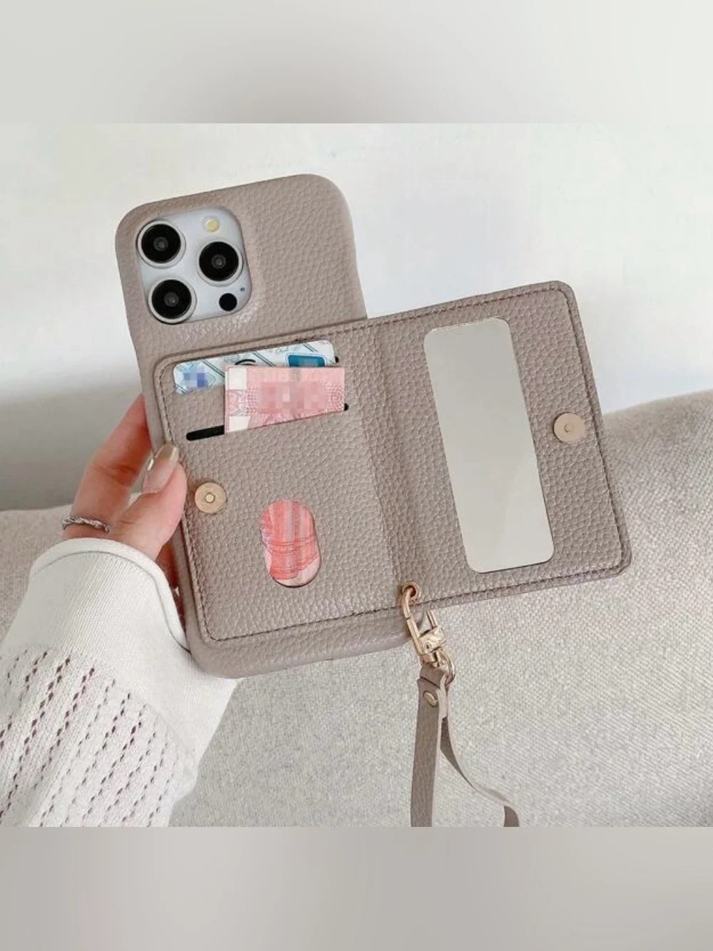 iPhone 17 Pro Wallet Case + Wristlet – Light Gray/Taupe – NEW